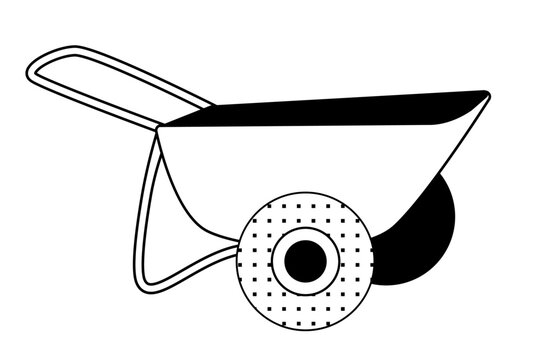 recommend clip art: Black and white line art of a wheelbarrow on a white background. Gardening equipment illustration for design, educational material, and landscaping project outlines