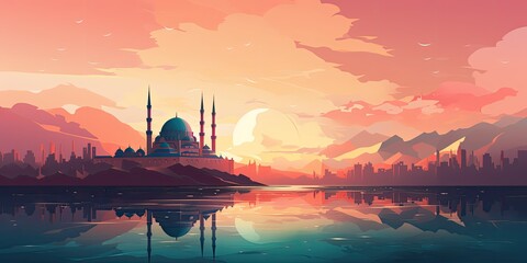 illustration of a mosque with gradient colors showcases the elegant architectural features of the sacred place of worship. The gradient adds depth and dimension to the domes, minarets, 
