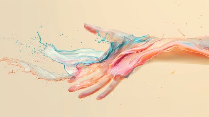 Obraz na płótnie Canvas Human hand in pastel colors paint splashes. Splashes of colored liquid around a hand