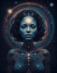 Ethereal Woman with Cosmic Elements in Her Hair and Eyes, Generative AI