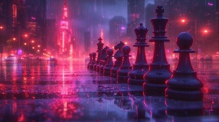 Pionki szachowe na mokrej ulicy nowoczesnego miasta. Koncept rozgrywki politycznej - obrazy, fototapety, plakaty