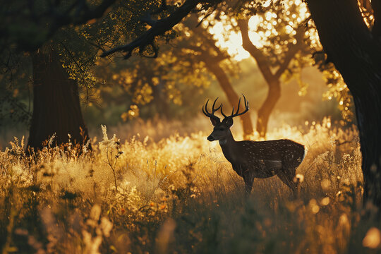 Protecting wildlife habitats and migration corridors portraying wild male Red Deer Stag during deer rut at sunset in beautiful golden orange sunlight in fern and forest landscape 