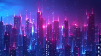 The vector illustration showcases urban architecture with a cityscape featuring space and neon light effects. It embodies modern hi-tech, science, and futuristic technology concepts