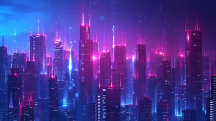 Foto op Plexiglas The vector illustration showcases urban architecture with a cityscape featuring space and neon light effects. It embodies modern hi-tech, science, and futuristic technology concepts © Orxan