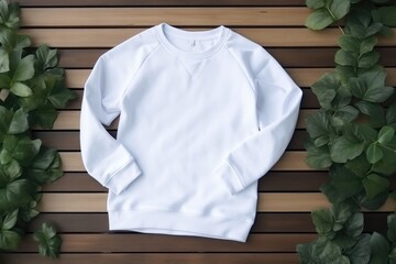 Empty white mockup of sweatshirt on wooden desk with leaves - 733435431