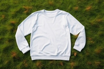 Empty white mockup of sweatshirt lay on grass - 733435443