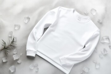 Empty white mockup of sweatshirt lay on snow - 733435449