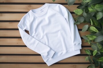 Empty white mockup of sweatshirt on wooden desk with leaves - 733435452
