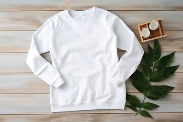 Empty white mockup of sweatshirt on wooden desk with leaves - 733435462
