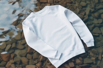 White mockup sweatshirt lay on rocks on water - 733435476