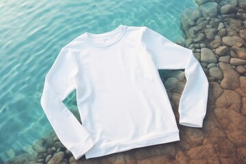 White mockup sweatshirt lay on rocks on water - 733435479