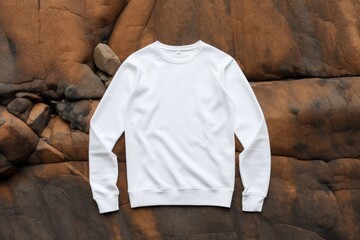 White mockup sweatshirt lay on rocks on beach of sea or river - 733435485