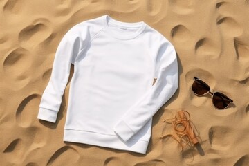 White mockup sweatshirt lay on sandy beach of sea or river - 733435488