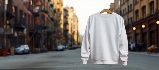 White mockup sweatshirt lay on hanger on city street - 733435498