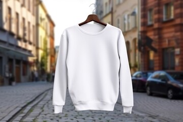 White mockup sweatshirt lay on hanger on city street - 733435499