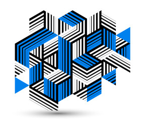 Fototapeta premium Blue vector abstract geometric background with cubes and different rhythmic shapes, isometric 3D abstraction art displaying city buildings forms look like, op art.