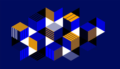 Dark blue vector abstract geometric background with cubes and different rhythmic shapes, isometric 3D abstraction art displaying city buildings forms look like, op art.