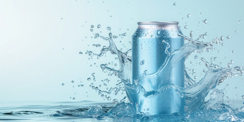 Clean blue aluminum soda mock-up can in splash of water.
