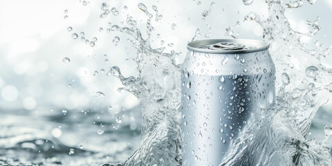 Clean aluminum soda mock-up can in splash of water.