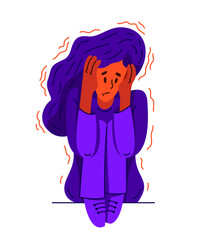 Young woman feeling stressed and uncomfortable, vector illustration of a person having mental disorder panic and anxiety, psychological problems.