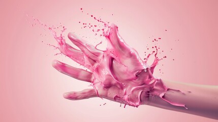 Fototapeta premium Human hand in pink pastel color paint splashes. Splashes of colored liquid around a hand
