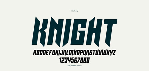 Sharp and bold gothic font for logo creation of for headlines, edgy geometric modern vector italic typeface, heavy metal and hard rock style alphabet with numbers. - 733435889