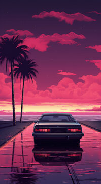 in the sunset, on the beach with palm in the background, in the style of synthwave, outrun, terada katsuya, layered street scenes, cinquecento, lyco art, dark paradise 