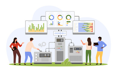 Benchmarking process, technical monitoring automation. Tiny people compare marketing results and progressive indicators of best product with cloud system of servers cartoon vector illustration