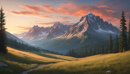 Majestic mountain peak, tranquil meadow, sunset sky, adventure in nature 