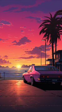 in the sunset, on the beach with palm in the background, in the style of synthwave, outrun, terada katsuya, layered street scenes, cinquecento, lyco art, dark paradise 