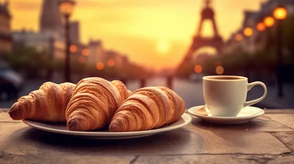 Abwaschbare Fototapete Eiffelturm cup of coffee and croissant eiffel tower