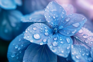 macro shot of water drops on blue leaves