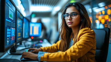 Focused Support: Diligent Indian Woman Managing Tasks in Call Center Hub generative ai - obrazy, fototapety, plakaty