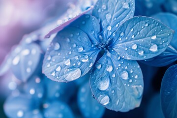 macro shot of water drops on blue leaves