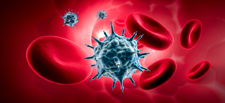 Virus and red blood cells inside of a blood vessel - medical 3D illustration