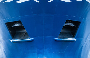 Bow of a large fishing vessel at port.