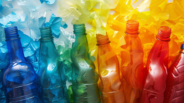 Plastic trash bottles pile. Empty colored drink bottles. Recyclable plastic waste. Various types of plastic trash. Plastic for recycling. Rubbish that can be recycled