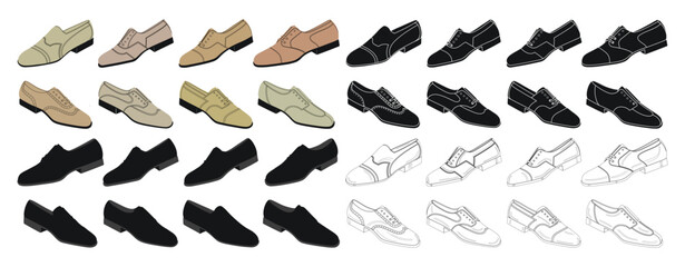 Collection of classic low shoes for men, guys, boys, isolated vector - obrazy, fototapety, plakaty