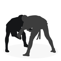 Image of silhouettes sambo athletes in sambo wrestling, combat sambo, duel, fight, fistfight, struggle, tussle, brawl, jiu jitsu. Martial art, sportsmanship