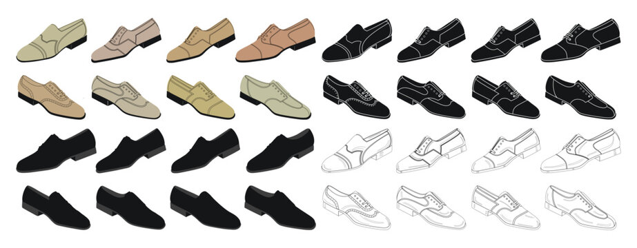 Collection of classic low shoes for men, guys, boys, isolated vector