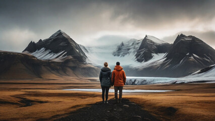 A traveling couple enjoys incredible view of the high massive mountains range.