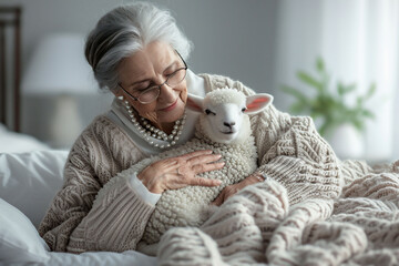 An older woman in glasses and a knit sweater tenderly holds a lamb indoors, suggesting a peaceful and nurturing environment. The image can represent care and the gentle passing of time.