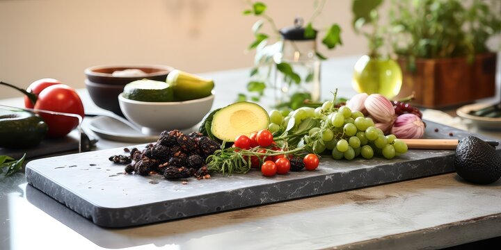 cutting board sits atop a sturdy concrete table, ready for chopping and preparing delicious meals with ease. 