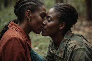 Dos mujeres negras besándose en el bosque