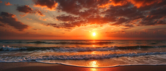 Fototapeta premium Dramatic natural sky, round sun on the sea, red clouds, sunset. Scenery. Panorama.