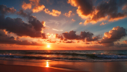 Naklejka na ściany i meble Dramatic natural sky, round sun on the sea, red clouds, sunset. Scenery.