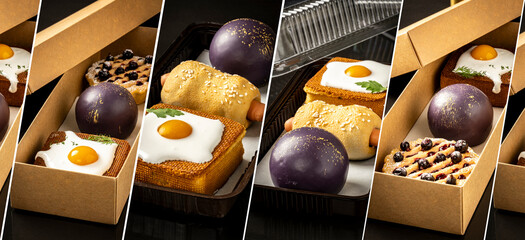 Collage of photographs of brownies looking as hot-dog, sandwich with fried egg, passion fruit...