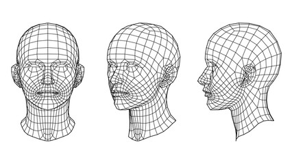 Three-dimensional human head model in black wireframe from different angles