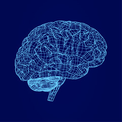 Human brain in futuristic blue wireframe hologram style 