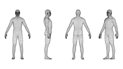 Three-dimensional human model in black wireframe from different angles - obrazy, fototapety, plakaty